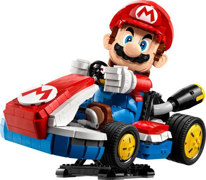 Lego Mario driving a kart toy