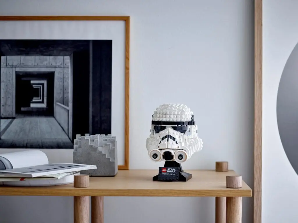 LEGO Stormtrooper helmet on wooden table