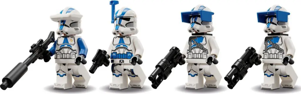 Blue and white LEGO figures in a lineup.