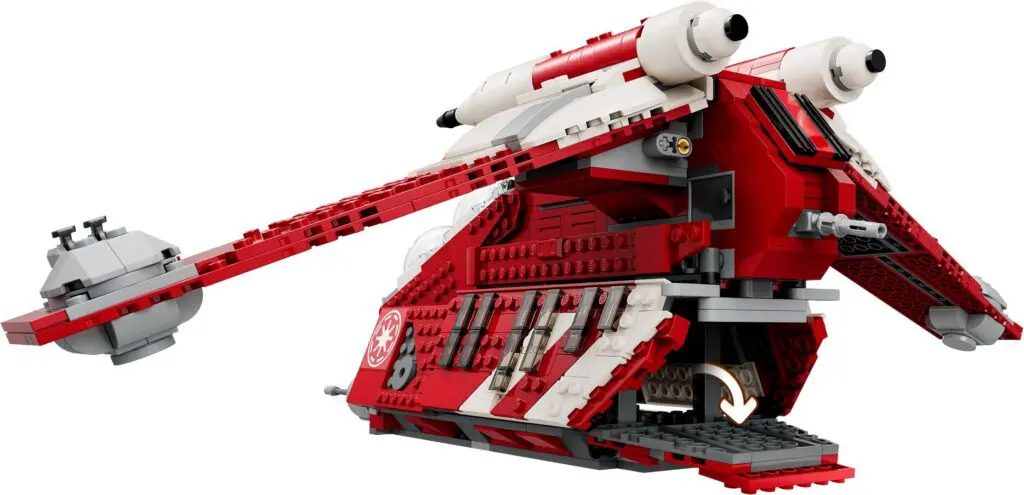 Red and white spaceship made of LEGO bricks.