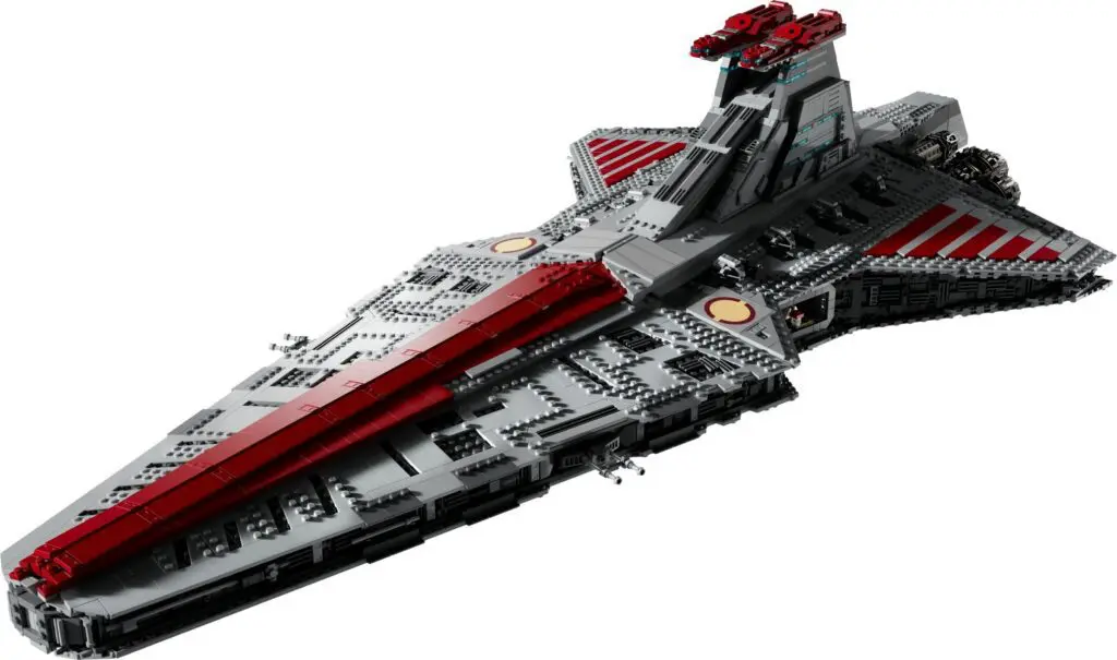 Gray and red LEGO starship model