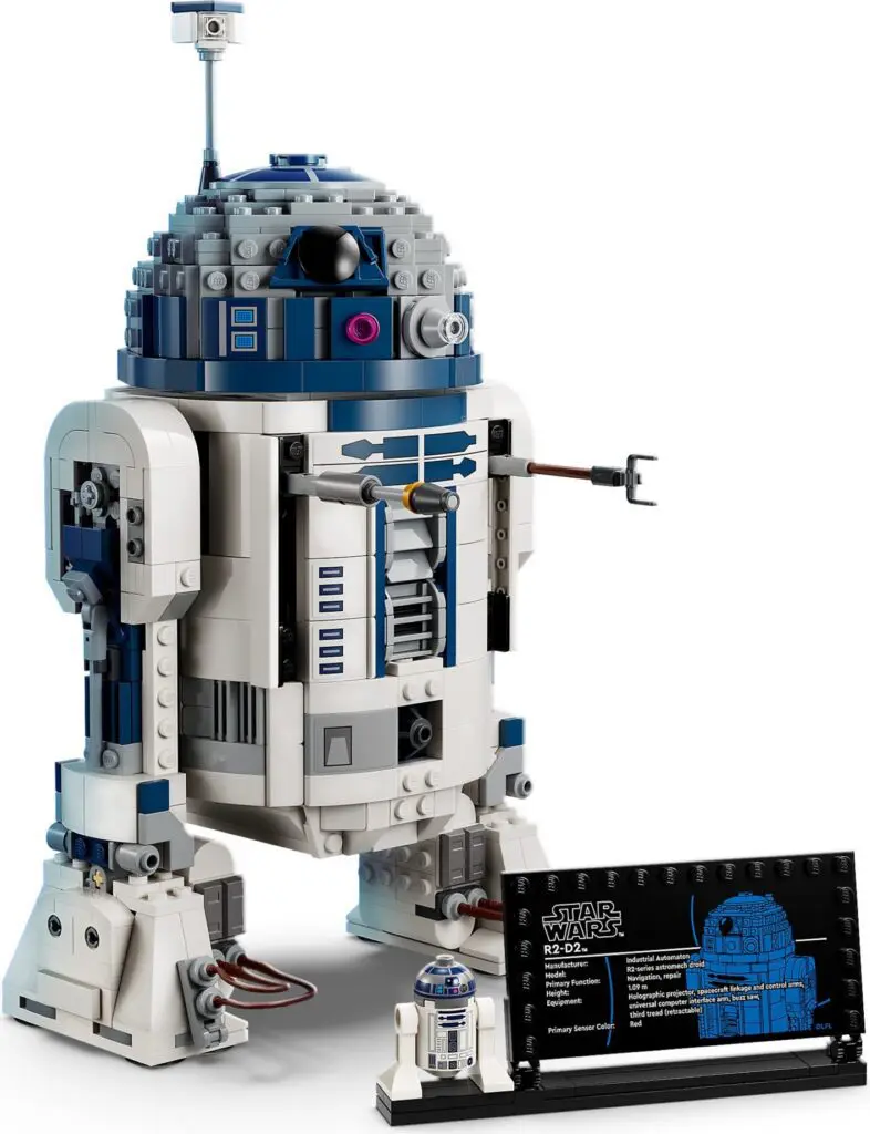 LEGO R2-D2 model with display plaque