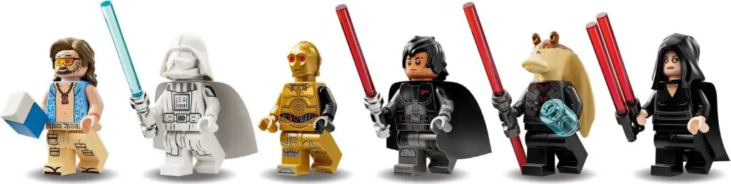 Colorful LEGO minifigures with lightsabers