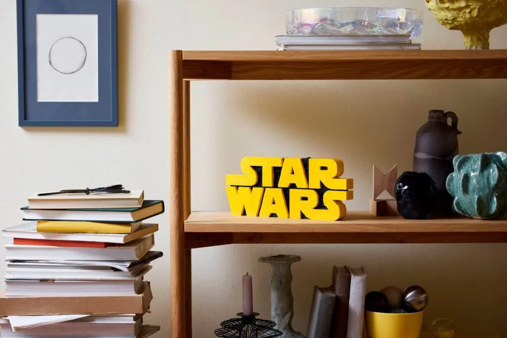 Wooden shelf with Star Wars sign