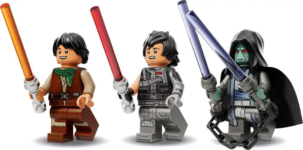 LEGO figures with colorful lightsabers