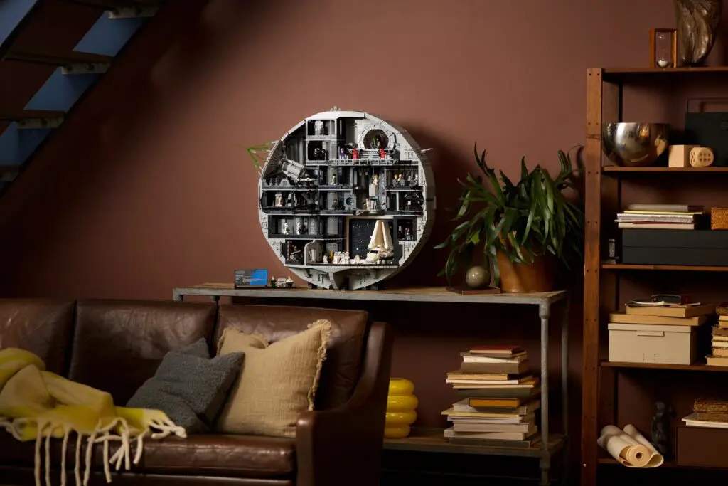 Cozy living room with circular wall art.