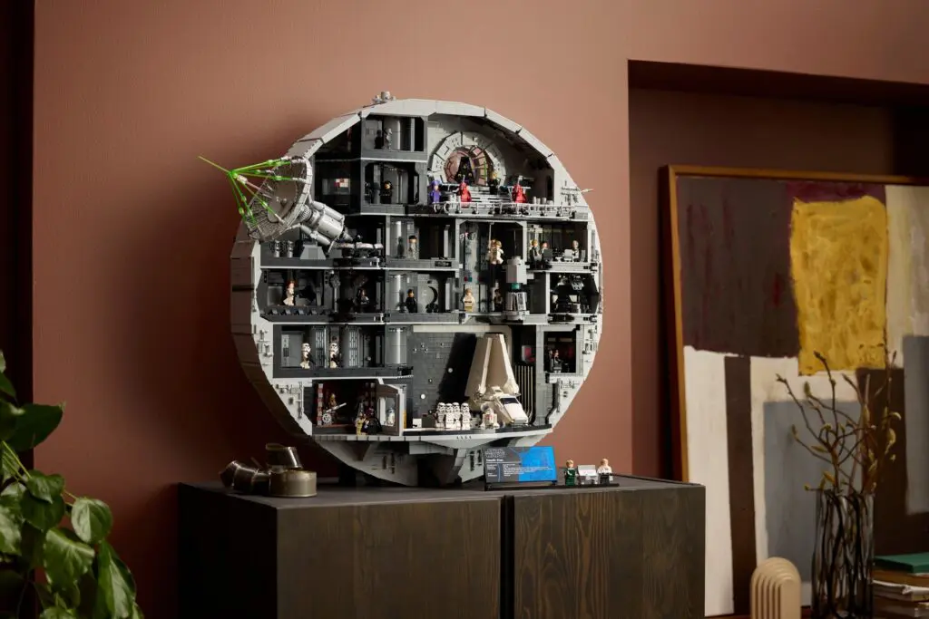 LEGO Death Star model on display shelf