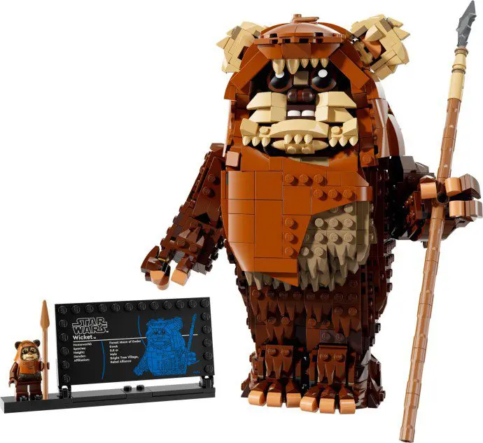 Detailed LEGO Ewok model and information plaque