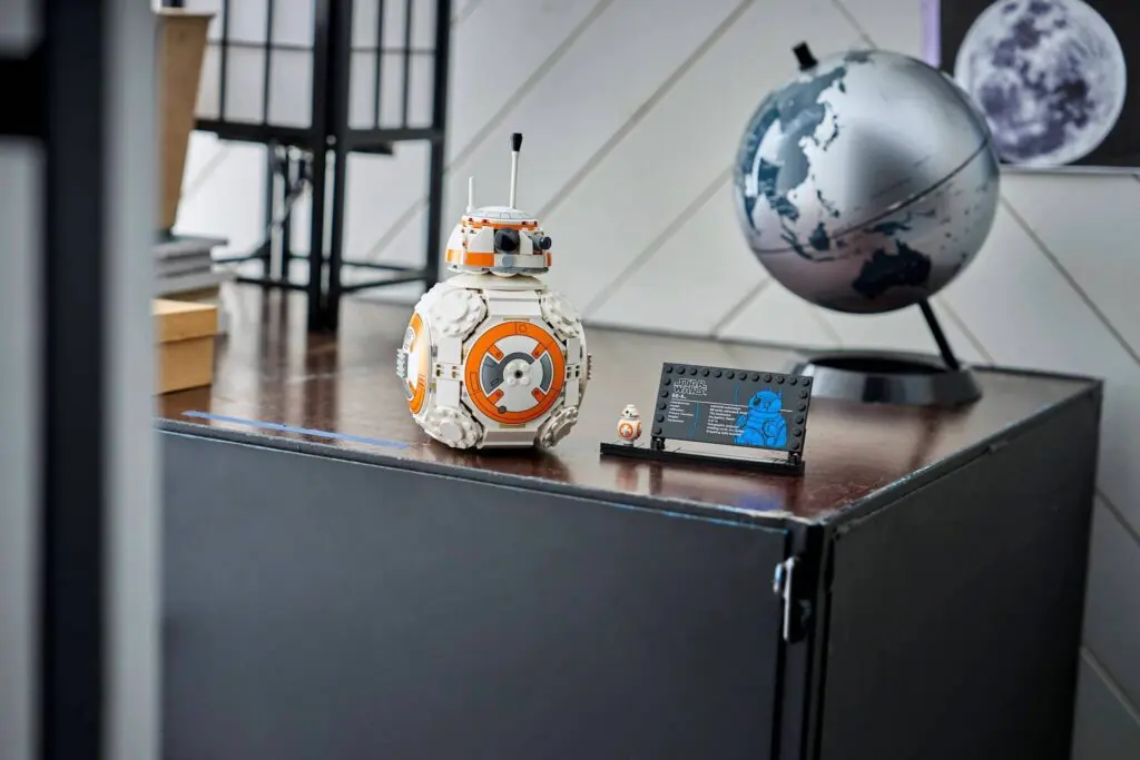 BB-8 toy beside a globe