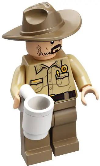 LEGO sheriff minifigure holding white cup