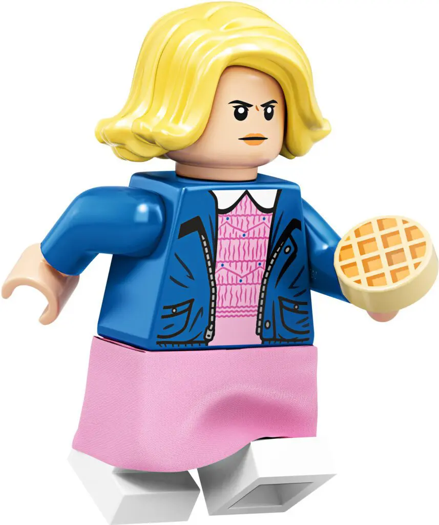 Toy character wearing pink dress and waffle.