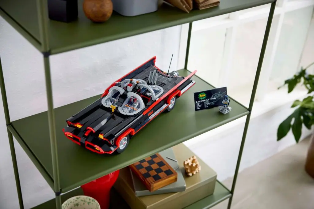 LEGO Batmobile on green shelf