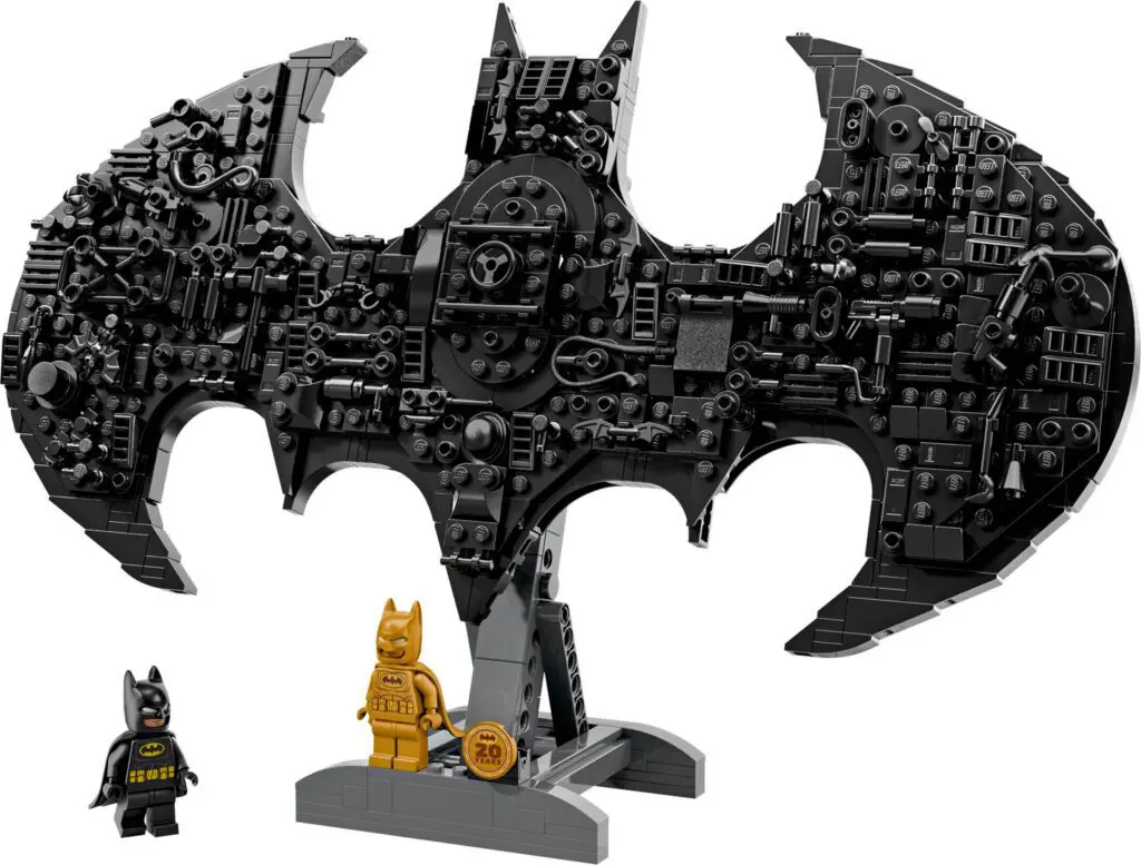 Bat-shaped LEGO model with two minifigures