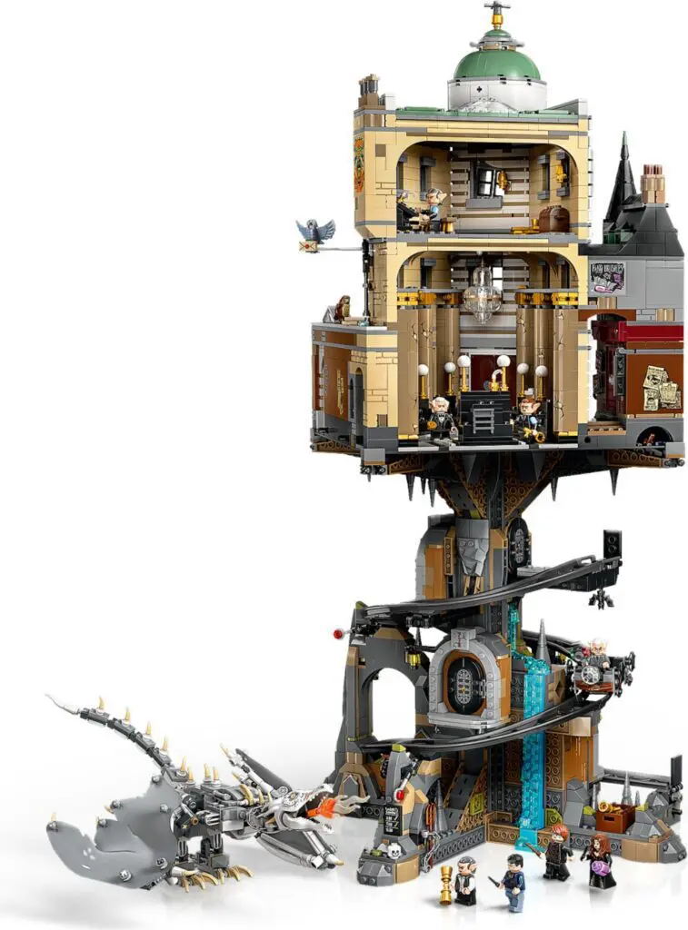 LEGO building tower with dragon skeleton