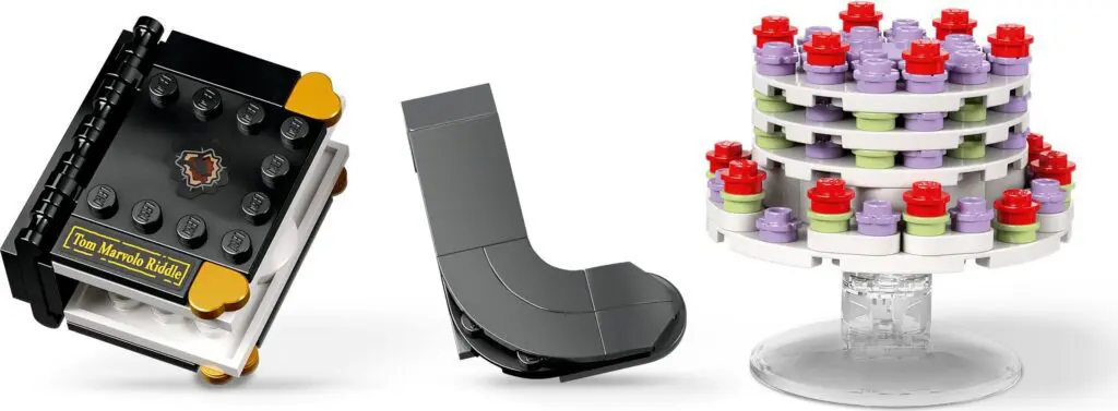 LEGO cake stand, piano, and chair model