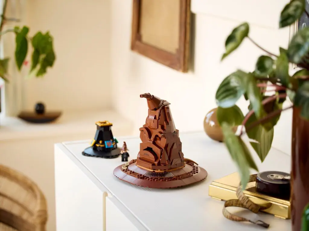 LEGO sorting hat on a white shelf