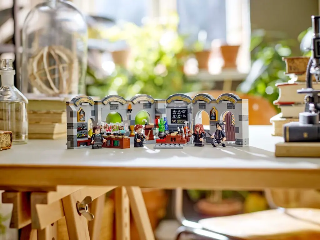 LEGO scene with wizards and classroom decor