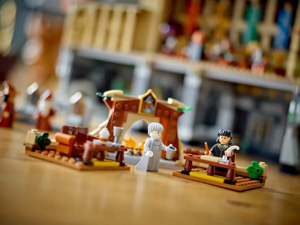 Miniature LEGO banquet setup on table