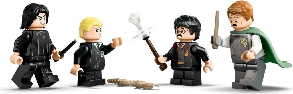 Four Lego figures in wizard outfits