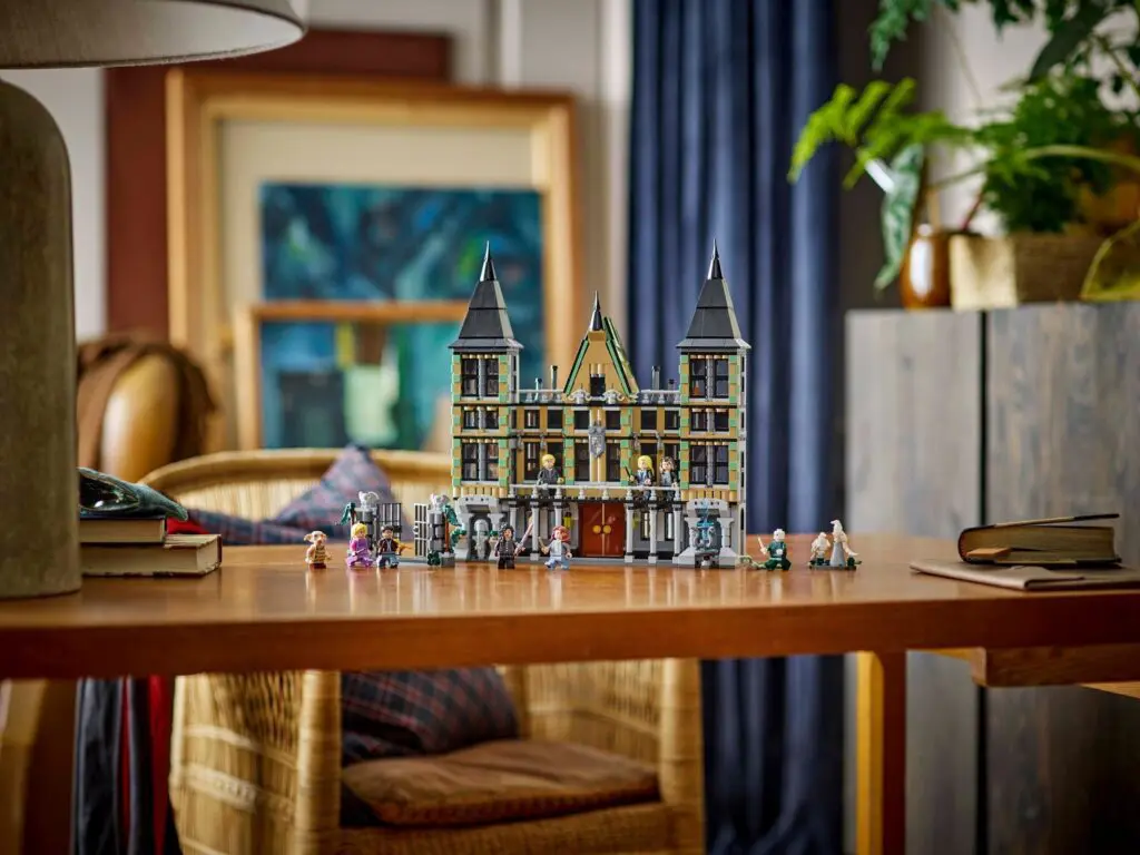 Miniature Lego castle with figures displayed