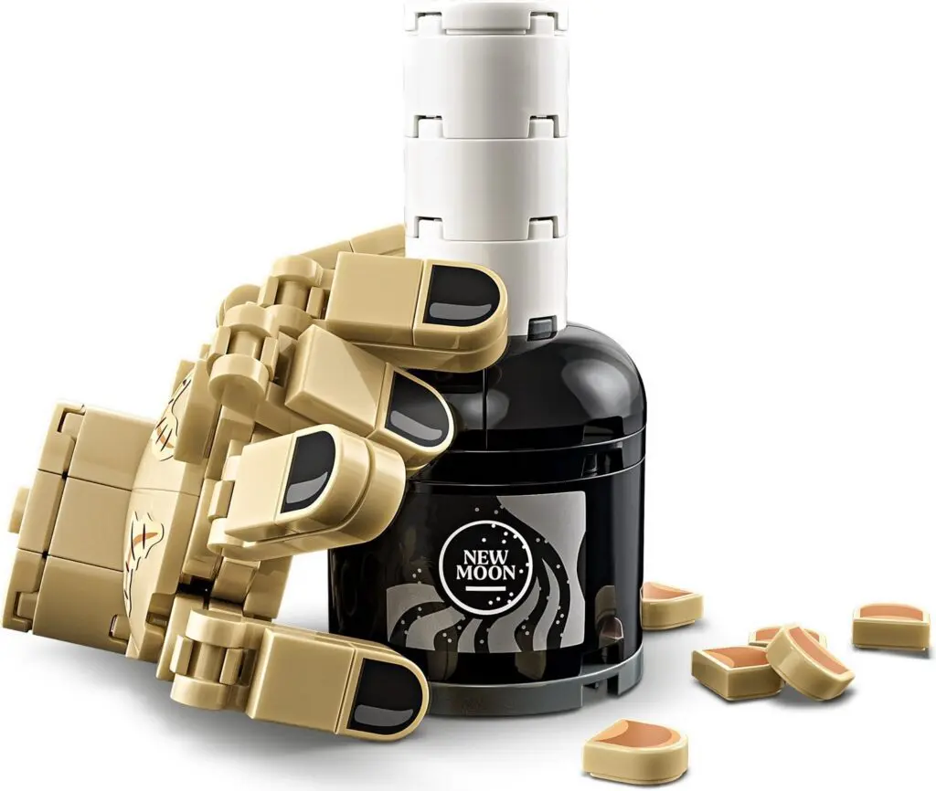 Lego hand with bottle and pills