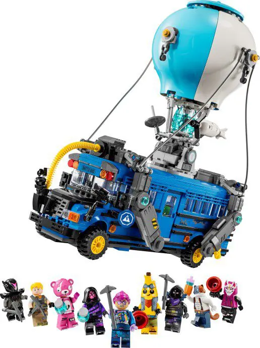 Lego set with characters and bus