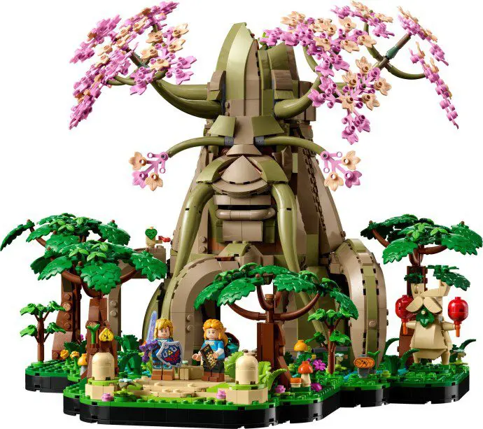 LEGO structure with pink blossom trees