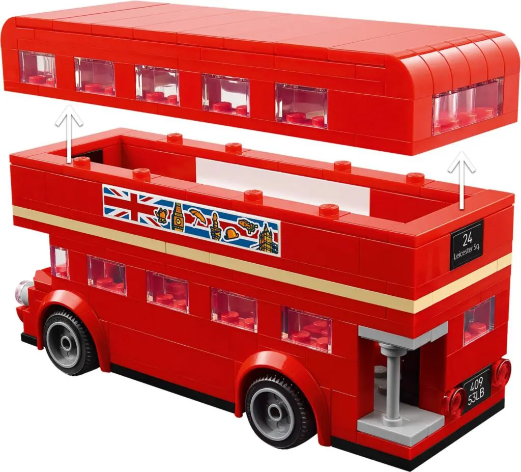 Lego-style red bus model with roof removed.