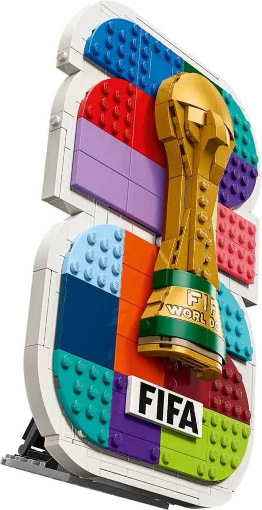 Colorful LEGO display with FIFA trophy