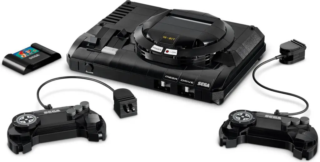 Retro gaming console with controllers and cartridge