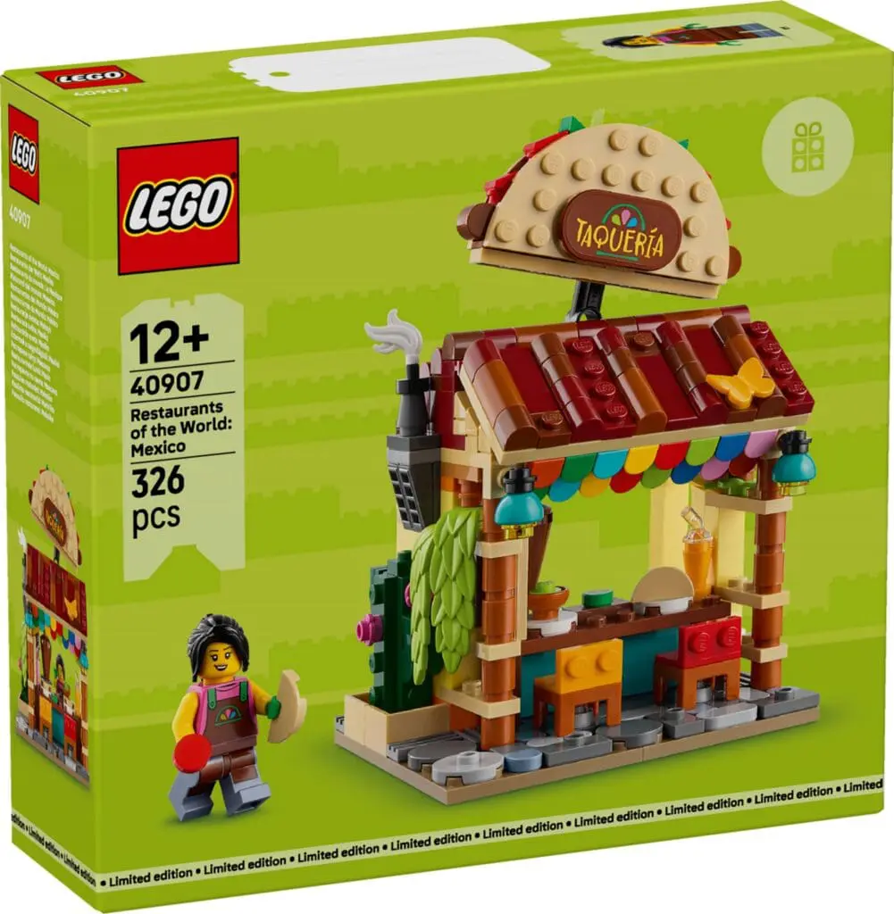 Colorful LEGO taqueria kit packaging