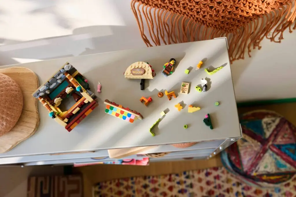 Top view of assorted toy blocks and figures
