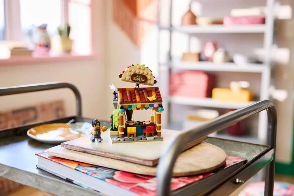 Lego taco stand on a table