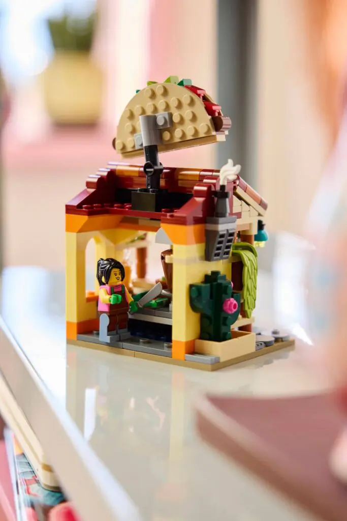 Colorful Lego building with taco roof
