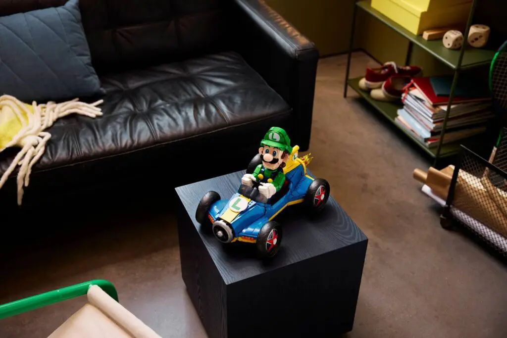 Luigi-themed toy car on display