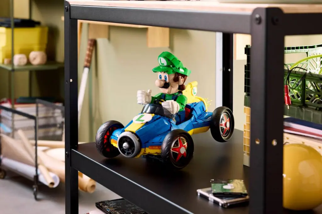 Colorful toy car on metal shelf