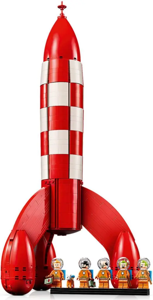 Toy rocket with striped pattern and figures