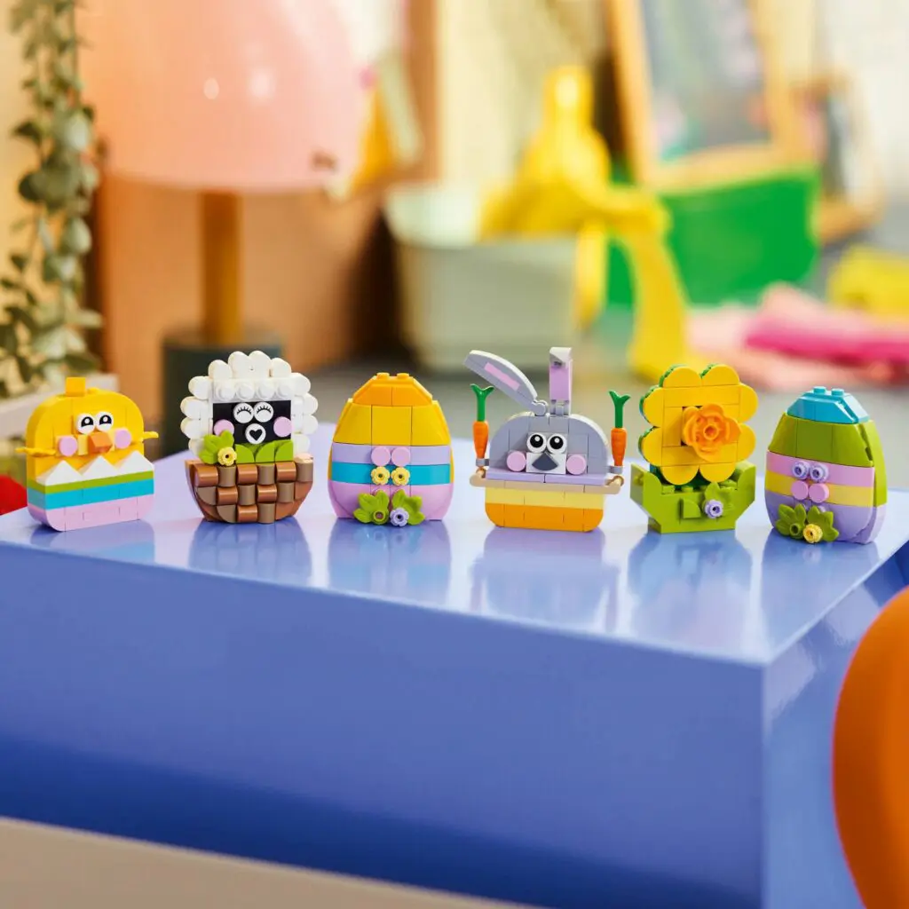 Colorful LEGO Easter decorations on a table