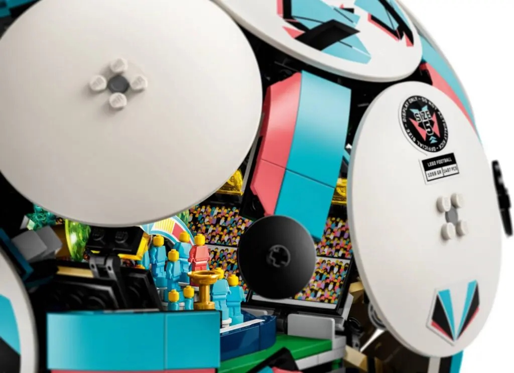Colorful LEGO stadium inside soccer ball.